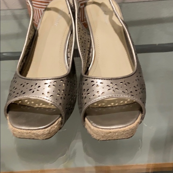 Silver Open Toe Espadrille Wedges - Picture 3 of 3